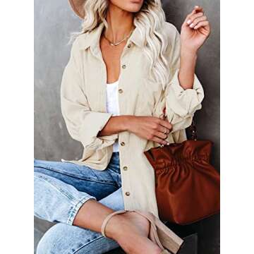 Women's Corduroy Button Down Pocket Shirts Casual Long Sleeve Oversized Blouses Tops 6016 Beige X-Large