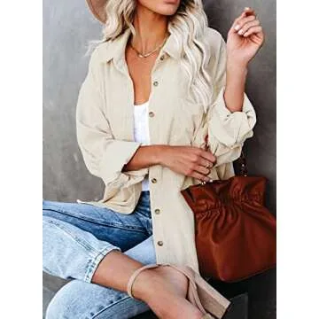 Women's Corduroy Button Down Pocket Shirts Casual Long Sleeve Oversized Blouses Tops 6016 Beige X-Large