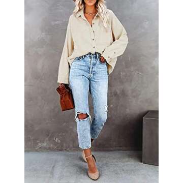 Women's Corduroy Button Down Pocket Shirts Casual Long Sleeve Oversized Blouses Tops 6016 Beige X-Large