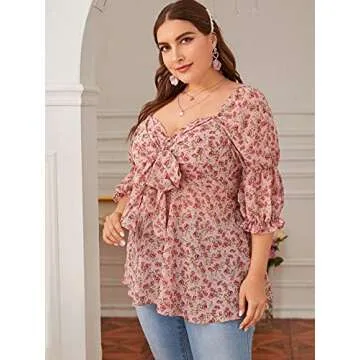 Floerns Plus Size Tie Front Floral Blouse for Women