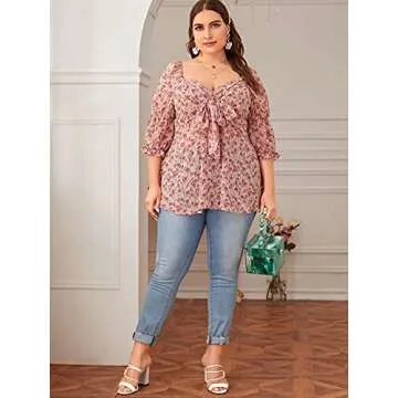 Floerns Plus Size Tie Front Floral Blouse for Women