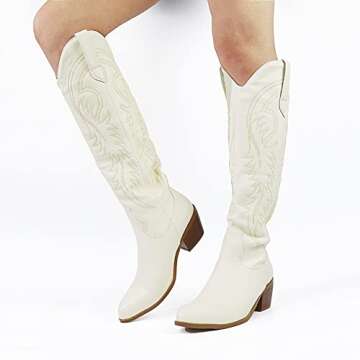 AMINUGAL Knee High Cowboy Boots Women Wide Calf Chunky Heel Western Boots For Women Cowboy Style Pul...