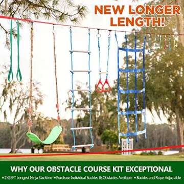 Ninja Warrior Obstacle Course for Kids Backyard - 2×65ft Slackline Kit with 10 Most Complete Access...