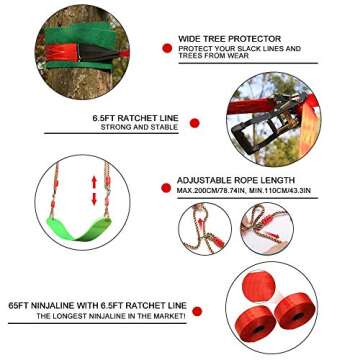 Ninja Warrior Obstacle Course for Kids Backyard - 2×65ft Slackline Kit with 10 Most Complete Accessories for Boys & Girls, Swing, Rope Ladder, Gymnastic Ring, Climbing Net, Arm Trainer and Monkey Fist