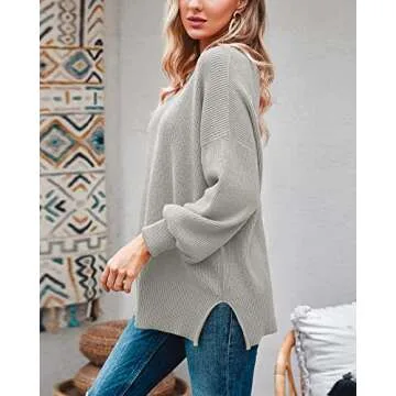 Imily Bela Womens Oversized Tunic Sweaters Fall Slouchy Long Sleeve Ribbed Knit Side Slit Pullover Jumper Grey