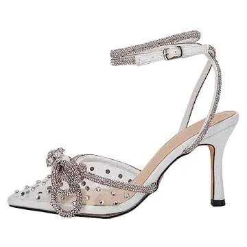 Stylish VETASTE Double Bow Crystal Heels for Weddings