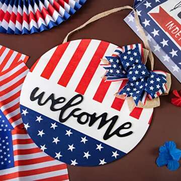 4th of July Patriotic Wreath Welcome Sign with Red White and Blue Decorations, Hanging Front Door Si...