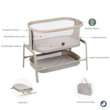 Maxi-Cosi Iora Baby Bassinets Bedside Sleeper, Portable Bassinet, Infant Bedside Sleeper Crib, Height Adjustable, Breathable Mesh, Large Storage Basket, Classic Oat