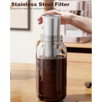 VA1KENE Cold Brew Coffee Maker 64oz, Iced Coffee Maker with 304 Stainless Steel Filter, Mason Jar Pitcher with Lid and Spout (Black)
