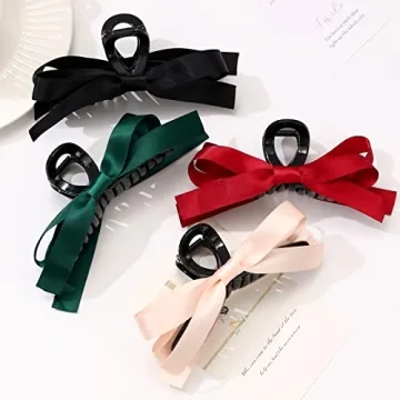 MHDGG Big Bow Hair Claw Clips for Women,4pcs Bow Hair Barrette Nonslip Claw Clip for Thin Thick Curly Hair,Bow Hair Dress Up Accessories for Birthday Party Show Christmas Thanksgiving(Black Pink Green Red)