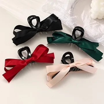 MHDGG Big Bow Hair Claw Clips for Women,4pcs Bow Hair Barrette Nonslip Claw Clip for Thin Thick Curly Hair,Bow Hair Dress Up Accessories for Birthday Party Show Christmas Thanksgiving(Black Pink Green Red)