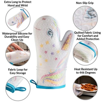 Gears Out Glitter Magic Unicorn Silicone Oven Mitt - Funny Oven Mitts - Heat Resistant Kitchen Glove, Soft Silicone, Quilted Fabric Lining