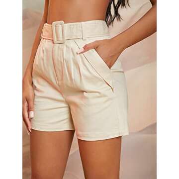 Verduas Women's Summer High Waist Belted Work Office Pleated Shorts with Pockets Apricot M