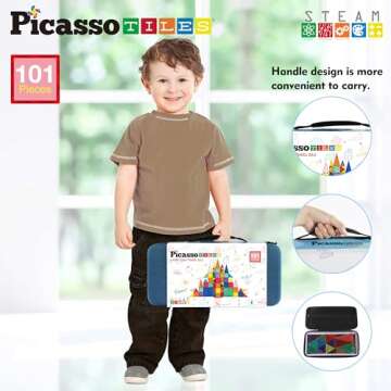 PicassoTiles 101pcs Magnetic Building Block Toy + Case Set Magnet Tile Construction Blocks for Ages ...
