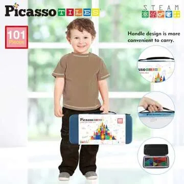 PicassoTiles 101pcs Magnetic Building Block Toy + Case Set Magnet Tile Construction Blocks for Ages ...