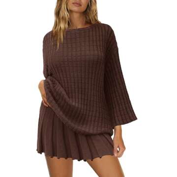 Yanekop Womens 2 Piece Sweater Skirt Set Loose Matching Lounge Sets Comfy Pajamas Set Long Sleeve To...