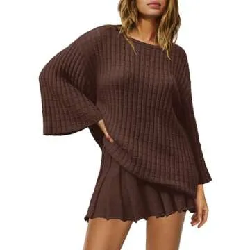 Yanekop Womens 2 Piece Sweater Skirt Set Loose Matching Lounge Sets Comfy Pajamas Set Long Sleeve Top and Skirt Sets(Dark Brown,M)