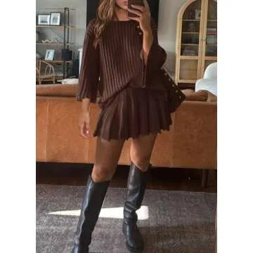 Yanekop Womens 2 Piece Sweater Skirt Set Loose Matching Lounge Sets Comfy Pajamas Set Long Sleeve Top and Skirt Sets(Dark Brown,M)
