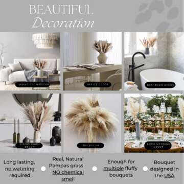 Natural Dried Pampas Grass Decor, Bouquet for Boho Home Decor, Vase Filler, Fluffy Dried Fall Pampas for Table and Home Decorations