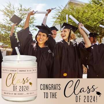 Graduation Gifts for Her "Class of 2024" Soy Candle, w/Eucalypus & Geranium I College Graduation Gifts for Her I 2024 Graduation Gifts I 9oz Reusable Jar, 50Hr Burn, Made in USA
