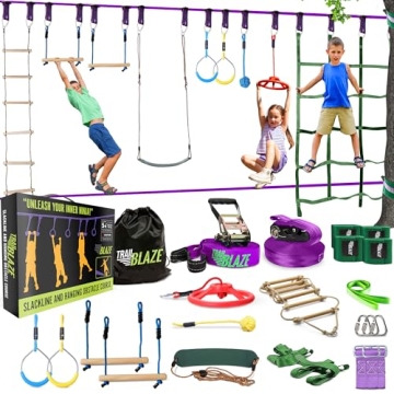 Ninja Warrior Obstacle Course for Kids - 2 x 55ft Slackline Double the Fun Exciting Obstacles Cargo ...