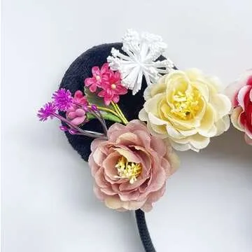 A Miaow Flower Headpiece Black Mouse Ears Headband MM Floral Hair Hoop Halloween Park Women Adults Costume Photo Shoot (Colourful Flowers)