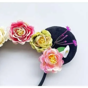 A Miaow Flower Headpiece Black Mouse Ears Headband MM Floral Hair Hoop Halloween Park Women Adults Costume Photo Shoot (Colourful Flowers)