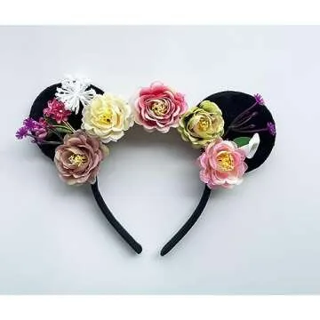 A Miaow Flower Headpiece Black Mouse Ears Headband MM Floral Hair Hoop Halloween Park Women Adults Costume Photo Shoot (Colourful Flowers)