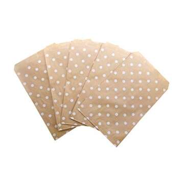 N'icePackaging 300 Qty 4" x 6" Decorative Flat Paper Gift Bags - White Polka-Dot on Brown Kraft Bags - For Sales/Treats/Parties Cookies/Gifts