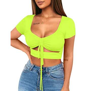 Mizoci Women's Sexy Ruched Tie Up Crop Top Basic Long Sleeve Cut Out T Shirt