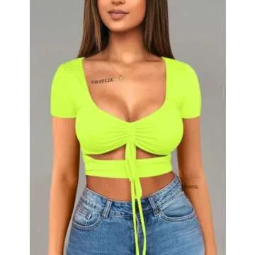 Mizoci Women's Sexy Ruched Tie Up Crop Top Basic Long Sleeve Cut Out T Shirt