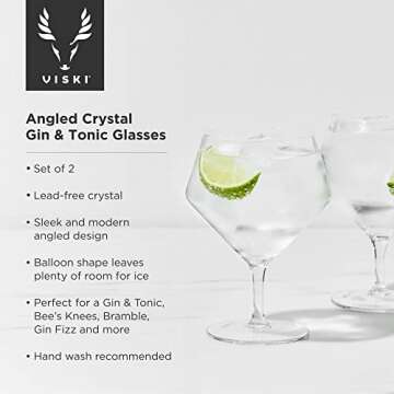 Viski Angled Stemmed Gin & Tonic Glasses - Elegant Cocktail Drinkware, Set of 2