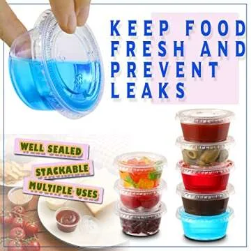 VITEVER 130 sets - 2 oz Jello Shot Cups, Small Plastic Containers with Lids, Airtight and Stackable Portion Cups, Salad Dressing Container, Dipping Sauce Cups, Condiment Cups