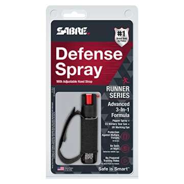 SABRE Runner Defense Spray, 3-in-1 Formula Contains Pepper Spray, CS Military Tear Gas & UV Marking Dye, Max Strength, Reflective Hand Strap For Easy Carry, 35 Bursts, Secure & Easy to Use Safety