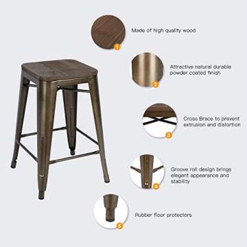 Stylish LCH Metal Bar Stools - Set of 4, Antique Copper