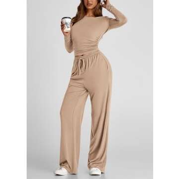 PRETTYGARDEN Women's Spring Fall Two Piece Outfits Tracksuits Long Sleeve Crop Tee Shirts Wide Leg Pants Matching Lounge Sets (Khaki,Medium)