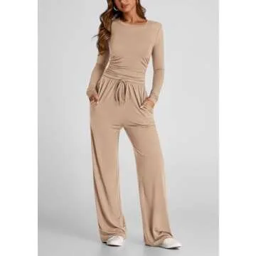 PRETTYGARDEN Women's Spring Fall Two Piece Outfits Tracksuits Long Sleeve Crop Tee Shirts Wide Leg Pants Matching Lounge Sets (Khaki,Medium)