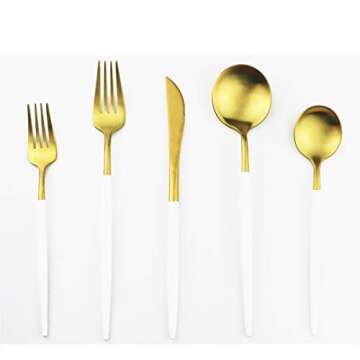 Gugrida White Gold Flatware, Royal 20 Piece Matte White Handle 18/10 Stainless Steel Tableware Sets for 4 Including Forks Spoons Knives, Camping Silverware Travel Utensils Set Cutlery (White Gold)