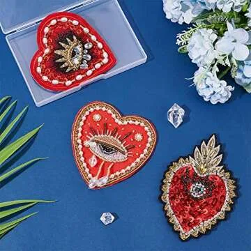INFUNLY Evil Eyes Heart Beaded Patches Rhinestone Applique Patches 3 Style Sequin Applique Sew on Crystal Heart Patch for Clothing Jeans Jackets Handbag Shoes DIY Decor