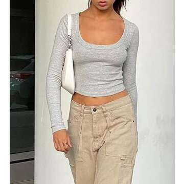 Women Square Neck Knitted Crop Shirt Long Sleeve Low Cut Basic Solid Tee Sexy Cutout Blouse Top Streetwear（uneck Grey，Small）