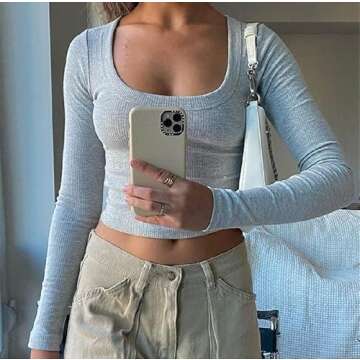 Women Square Neck Knitted Crop Shirt Long Sleeve Low Cut Basic Solid Tee Sexy Cutout Blouse Top Streetwear（uneck Grey，Small）