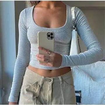 Women Square Neck Knitted Crop Shirt Long Sleeve Low Cut Basic Solid Tee Sexy Cutout Blouse Top Streetwear（uneck Grey，Small）