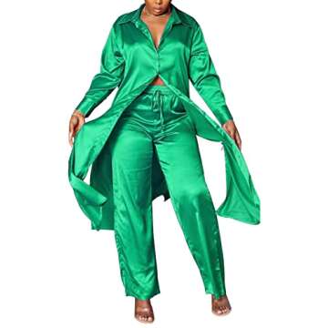 GTMRINJN Women Satin Long Sleeve Pajamas Outfit High Split Self Tie Button up Tops High Waist Long Palazzo 2 Piece Outfit Pjs Set Green S