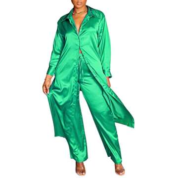 GTMRINJN Women Satin Long Sleeve Pajamas Outfit High Split Self Tie Button up Tops High Waist Long Palazzo 2 Piece Outfit Pjs Set Green S