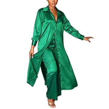GTMRINJN Women Satin Long Sleeve Pajamas Outfit High Split Self Tie Button up Tops High Waist Long Palazzo 2 Piece Outfit Pjs Set Green S