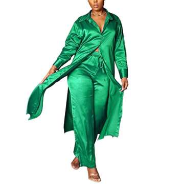 GTMRINJN Women Satin Long Sleeve Pajamas Outfit High Split Self Tie Button up Tops High Waist Long Palazzo 2 Piece Outfit Pjs Set Green S