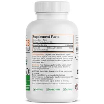 Bronson Vitamin D3 10,000 IU (250 mcg) Immune Support, Healthy Muscle Function & Bone Health, High Potency Organic Non-GMO Vitamin D Supplement, 360 Tablets