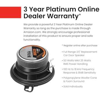 BOSS Audio Systems BRS35 3.5 Inch Replacement Car Door Speakers - 50 Watts Max, Sold Individually, Use With Stereo and Tweeters