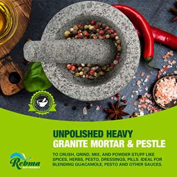 Rebma Products 6 Inch Large Unpolished Heavy Granite Stone Guacamole Mortar and Pestle Set Anti-Scratch Organic Looking, Mocajete Bowl Mexican