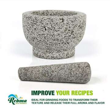 Rebma Products 6 Inch Large Unpolished Heavy Granite Stone Guacamole Mortar and Pestle Set Anti-Scratch Organic Looking, Mocajete Bowl Mexican